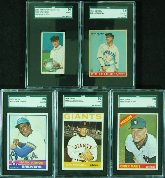 SGC-Graded Group (5) with T206 Hal Chase, Goudey, Hank Aaron