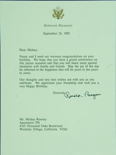 Ronald Reagan Signed Letter to Mickey Rooney (1992) (Graded PSA/DNA 10)