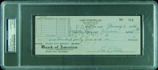 Lou Costello Signed Personal Check (1945) (PSA/DNA)