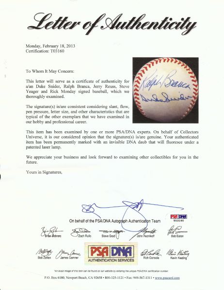 Multi-Signed Dodgers ONL Baseball (5) with Snider, Branca (PSA/DNA)