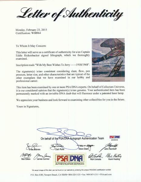 Capt. Eddie Rickenbacker Signed Ace of Aces 9x12 Framed Print (PSA/DNA)