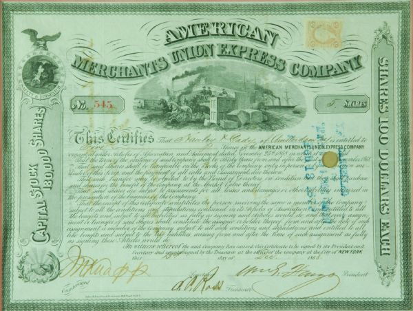 William Fargo Signed Original Stock Certificate (1868) (PSA/DNA)