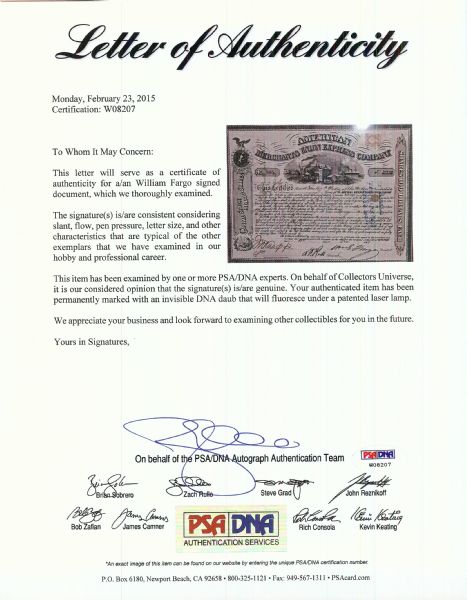 William Fargo Signed Original Stock Certificate (1868) (PSA/DNA)