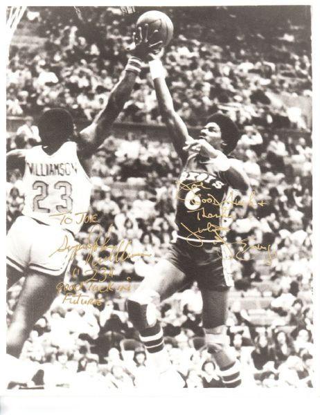 Julius Erving & Super John Williamson Signed 8x10 Photo with Ticket Stub from ABA Game (1975)