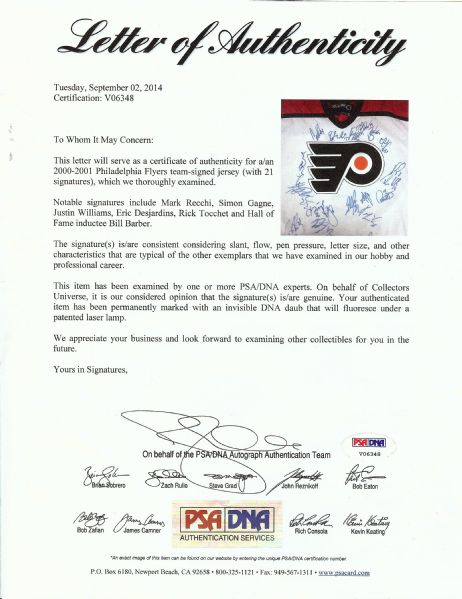 2000-01 Philadelphia Flyers Team-Signed Jersey (21) (PSA/DNA)