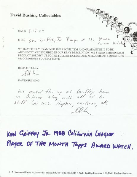 Ken Griffey Jr.'s 1988 California League Topps Player of the Month Award Watch