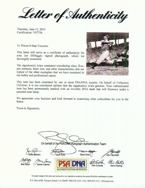 Joe DiMaggio Signed 11x14 Brearley Collection Photo (PSA/DNA)