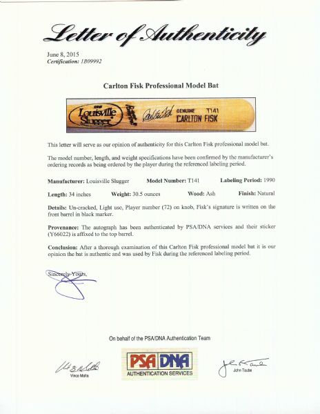 Carlton Fisk 1990 Signed Game-Used Louisville Slugger Bat (PSA/DNA, John Taube)