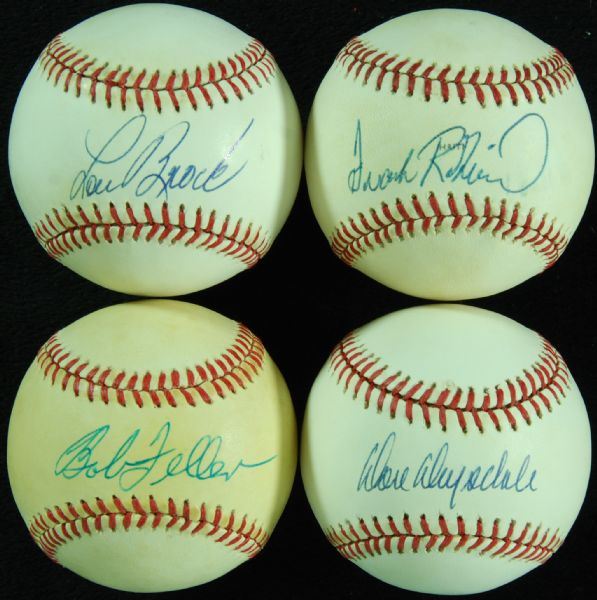 HOFer Single-Signed Baseballs (4) with Drysdale, Frank Robinson, Brock, Feller