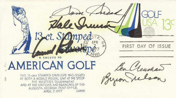 HOFer Golfer Signed First Day Cover (5) with Palmer, Irwin, Snead, Crenshaw, Nelson