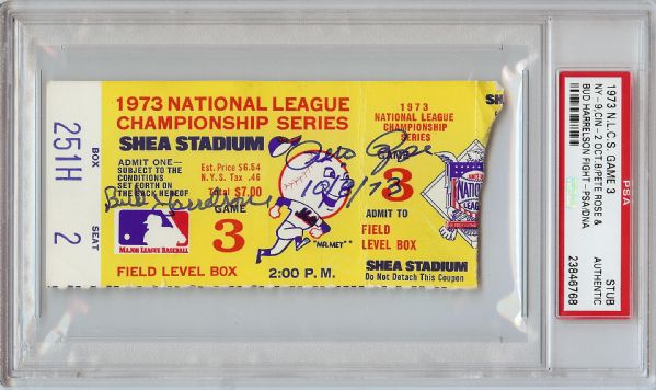 1973 NLCS Game 3 Ticket Stub Signed by Pete Rose & Bud Harrelson (PSA/DNA)