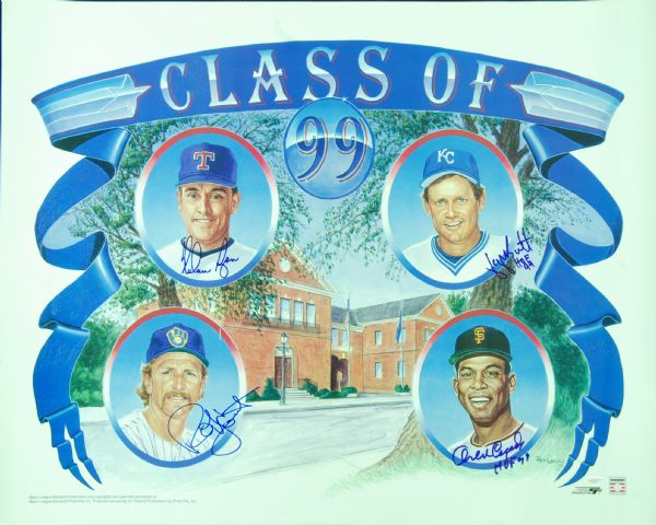 HOF Class of 1999 Multi-Signed Poster (4) with Brett, Ryan, Yount, Cepeda (JSA)