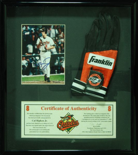 Cal Ripken Jr. Signed Photo & Game Model Batting Glove Display (Score Board)