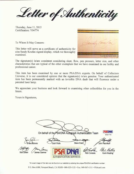 Sandy Koufax Signed Notarized HOF 8x10 (PSA/DNA)