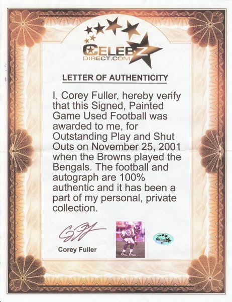 Nov. 25, 2001 Signed & Hand-Painted NFL Game Ball Presented to Corey Fuller (Fuller LOA)