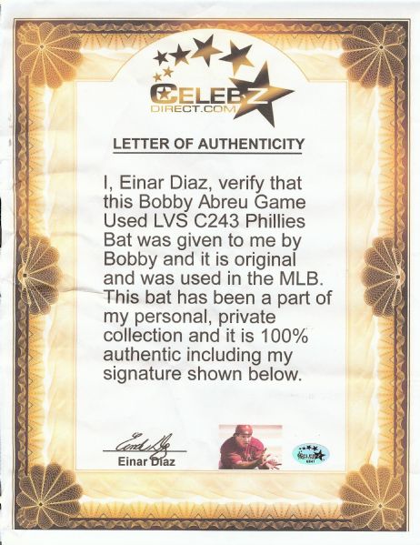 Bobby Abreu 1999-01 Game-Used Louisville Slugger Bat (Einar Diaz LOA)