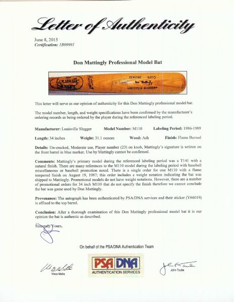 Don Mattingly 1986-89 Signed Professional Model Louisville Slugger Bat (PSA/DNA, John Taube)
