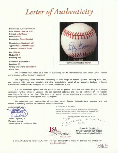 Lefty Gomez Single-Signed OAL Baseball (JSA)
