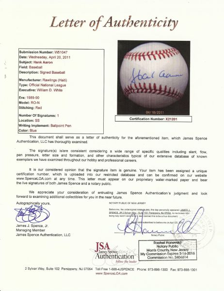 Hank Aaron Single-Signed ONL Baseball (JSA)