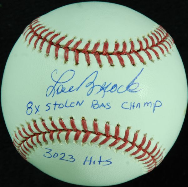 Lou Brock Single-Signed OML Baseball 8x Stolen Base Champ, 3023 Hits (Steiner)
