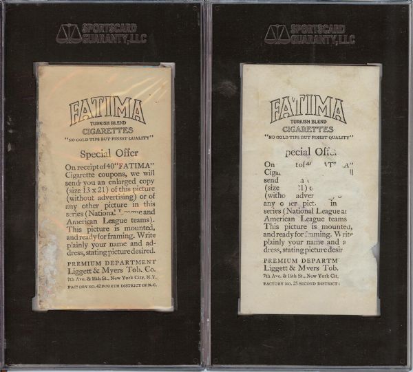 1913 Fatima Cigarettes T200 Pittsburgh Nationals & Washington Americans Pair (2)