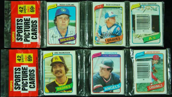 1980 Topps Baseball Unopened Rack Packs (2) with Henderson RC on Front
