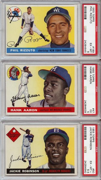 1955 Topps PSA-Graded HOFer Group (3) with Aaron, Rizzuto, Jackie Robinson