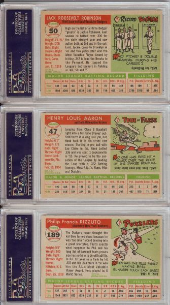 1955 Topps PSA-Graded HOFer Group (3) with Aaron, Rizzuto, Jackie Robinson