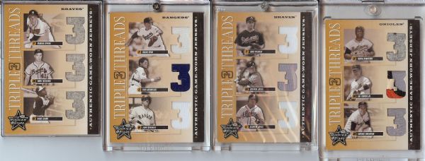 2001 Leaf R&S Triple Threads Lot (4) with Rangers, Braves, Orioles (#/100)