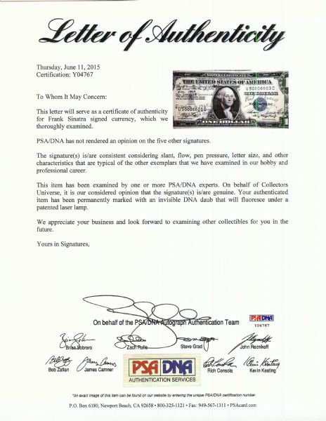 Frank Sinatra Signed $1 Silver Certificate (PSA/DNA)