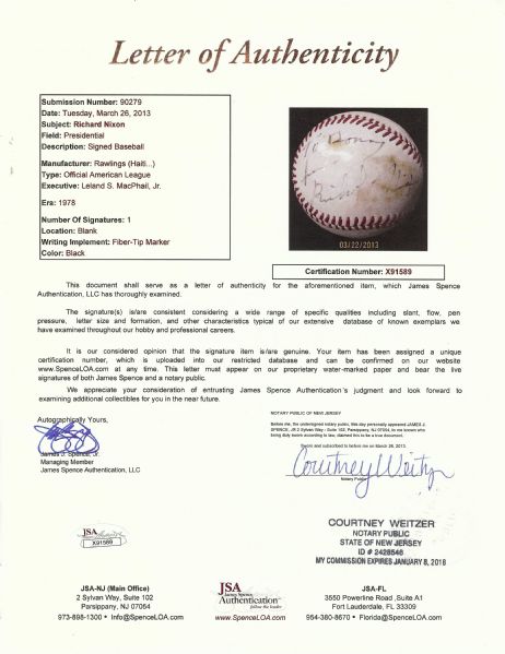 Richard Nixon Single-Signed OAL Baseball (JSA)