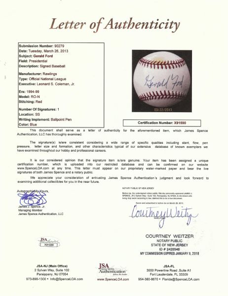 Gerald Ford Single-Signed ONL Baseball (JSA)