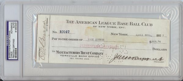 1927 Mark Koenig NY Yankees Signed Payroll Check with Barrows, Ruppert (PSA/DNA)