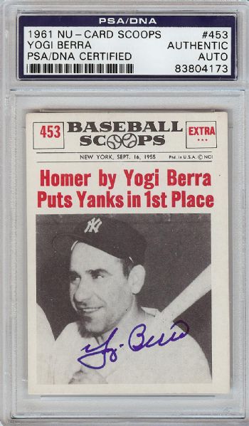 Yogi Berra Signed 1961 NuCard Scoops No. 453 (PSA/DNA)