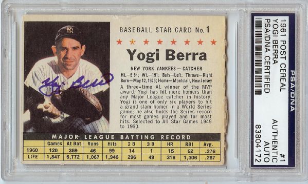 Yogi Berra Signed 1961 Post Cereal No. 1 (PSA/DNA)