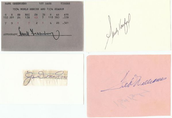HOFer Signature Group (4) with Koufax, DiMaggio, Greenberg, Williams