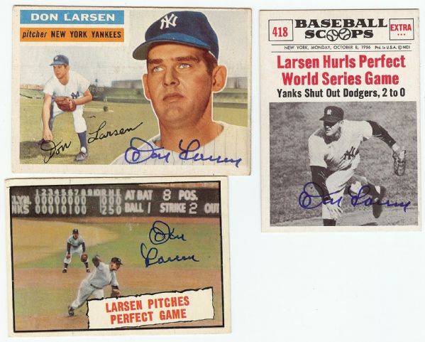 Don Larsen Signed Trading Card Trio (3) with 1956 Topps
