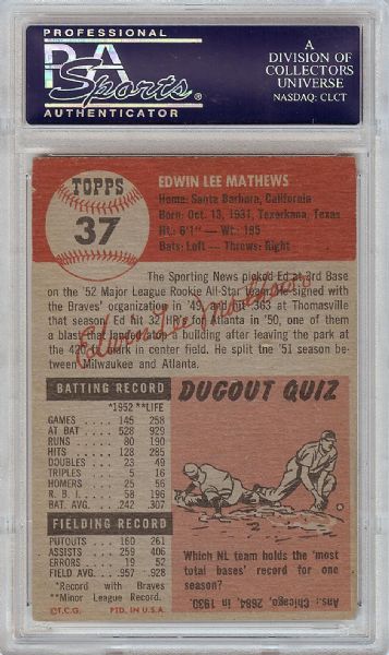 Eddie Mathews Signed 1953 Topps No. 37 (PSA/DNA)