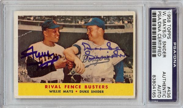 Willie Mays & Duke Snider Signed 1958 Topps Rival Fence Busters (PSA/DNA)