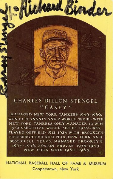Casey Stengel Twice-Signed Yellow HOF Plaque Postcard Please Join the NY Mets