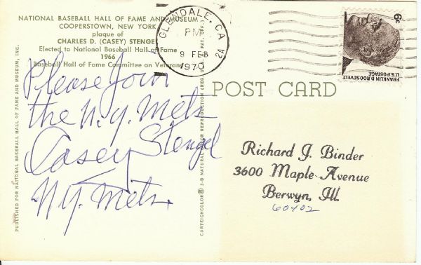 Casey Stengel Twice-Signed Yellow HOF Plaque Postcard Please Join the NY Mets