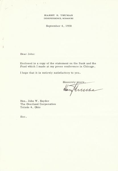 Harry Truman Signed Typed Letter (1958)