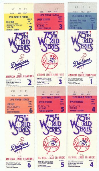 1978 World Series Ticket Stub Complete Set (Yankees vs. Dodgers )(Games 1-6)