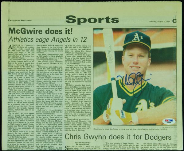 Mark McGwire Signed 1987 Home Run Record Newspaper (PSA/DNA)