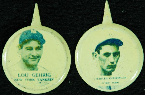 1938 Our National Game Pins (2) with Lou Gehrig, Gehringer