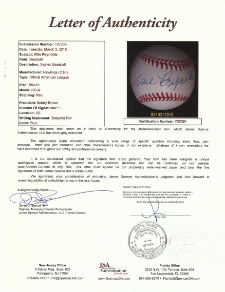 Allie Reynolds Single-Signed OAL Baseball (JSA)