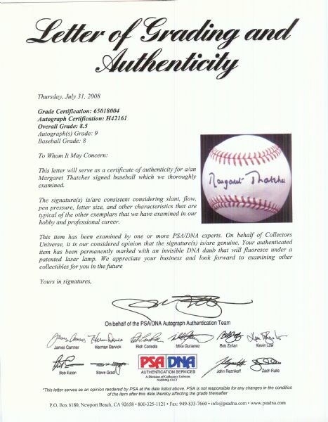 Margaret Thatcher Single-Signed OML Baseball (Graded PSA/DNA 8.5)