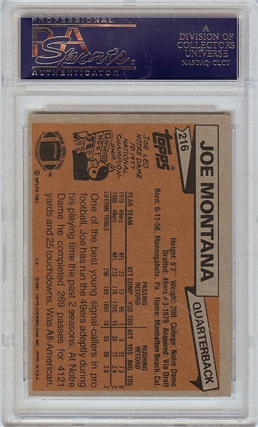 Joe Montana Signed 1981 Topps RC No. 216 (Graded PSA/DNA 10)