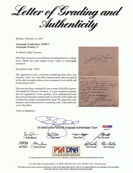 Johnny Evers Dual-Signed Thank You Card with Handwritten Note (PSA/DNA 8)