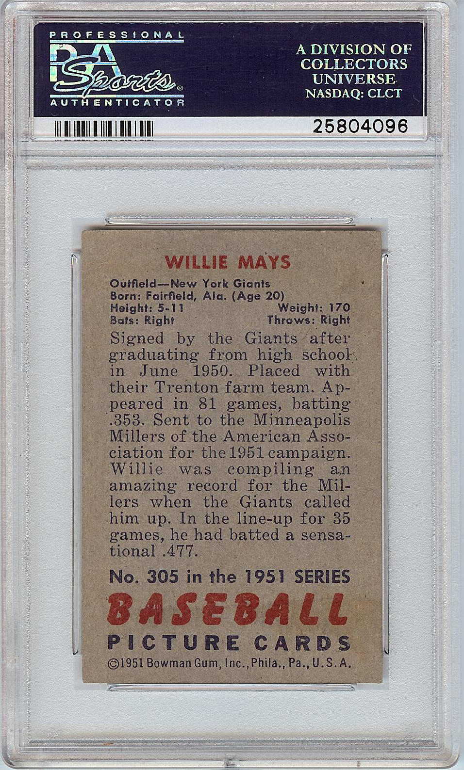 Lot Detail - 1951 Bowman Willie Mays RC No. 305 PSA 4